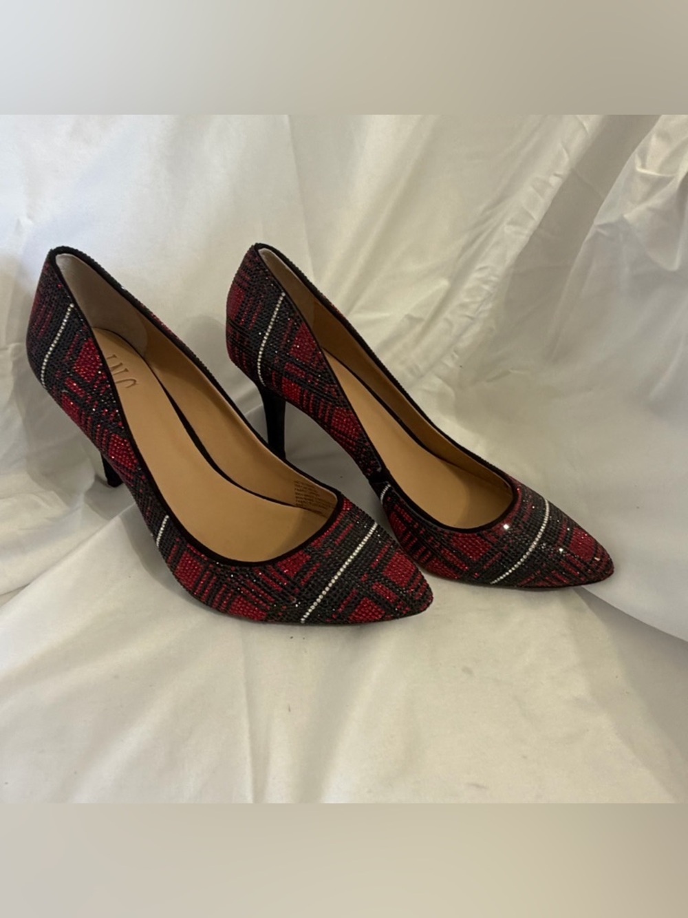INC International Concepts Red and Black Plaid Pointed Toe Pumps